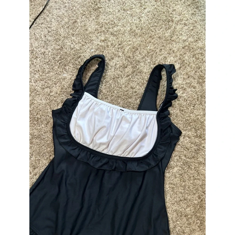 Womens Black‎ White Ruffle Square Neck One Piece Swimsuit Coquette Chic Retro  M